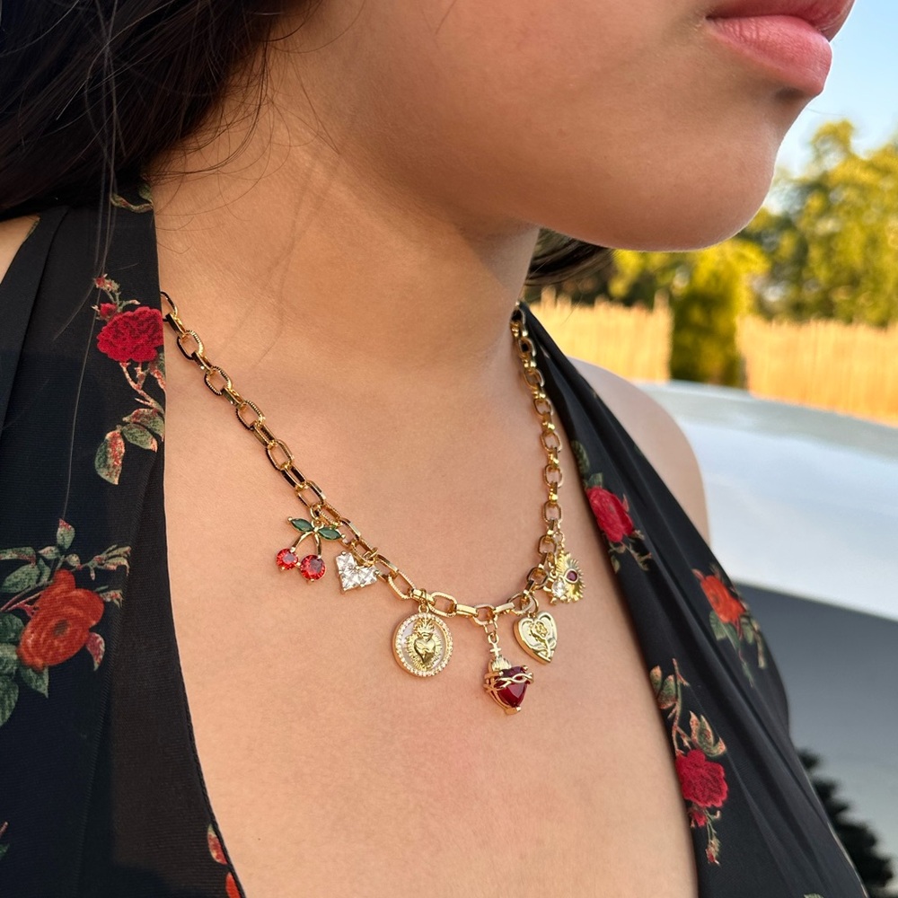 14k Gold Plated Charm Necklace with Red and White Accents 18”